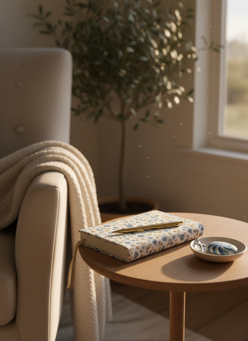 A cosy living room corner styled for reflection, with a plush neutral armchair partially visible beside a small round side table. On the table lies a handmade fabric-covered journal with a delicate floral pattern, a fine metal pen, and a ceramic trinket dish holding a tiny cross-shaped charm and a pebble painted with an abstract, unreadable motif. A soft knitted throw cascades from the chair, and a potted olive tree stands blurred in the background. Golden hour light streams through a nearby window, catching dust motes in the air and casting warm highlights on the journal fabric. Photographic realism, shot at a three-quarter angle with gentle bokeh and a calm, sophisticated atmosphere that suggests wellbeing, gratitude, and quiet faith.