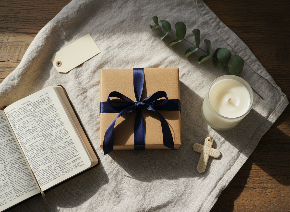 A carefully arranged flat lay of handmade gifts on a pale linen-draped wooden table, featuring a kraft gift box tied with deep navy satin ribbon, a hand-poured soy candle in a frosted glass jar, and a delicate ceramic cross-shaped ornament with a subtle embossed pattern. A small, open Bible with gently worn pages rests nearby, alongside a sprig of eucalyptus and a blank cream gift tag ready for a message of encouragement. Soft morning window light falls from the left, creating gentle shadows and a serene, sophisticated atmosphere. Photographic realism, shot from a bird’s-eye view with a shallow depth of field that softly blurs the table edges, evoking calm, thoughtfulness, and quiet faith-filled joy.