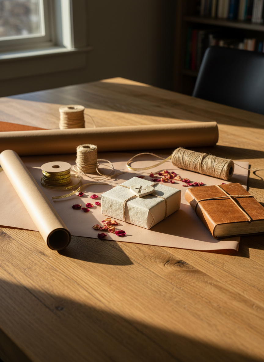 A beautifully styled gift-wrapping scene on a rustic oak dining table, featuring rolls of kraft and soft blush pink paper, spools of twine, thin gold ribbon, and a scattering of dried rose petals. At the centre, a small box wrapped in textured white paper is topped with a clay heart-shaped keepsake impressed with a subtle cross pattern. Nearby, a closed leather-bound journal and a simple wooden Bible cover suggest a thoughtful, faith-inspired present. Warm late-afternoon sunlight streams through an unseen window, casting long, gentle shadows and a golden glow over the textures. Photographic realism, shot from a slightly elevated angle using the rule of thirds, with soft bokeh on the background elements for a sophisticated, peaceful atmosphere.