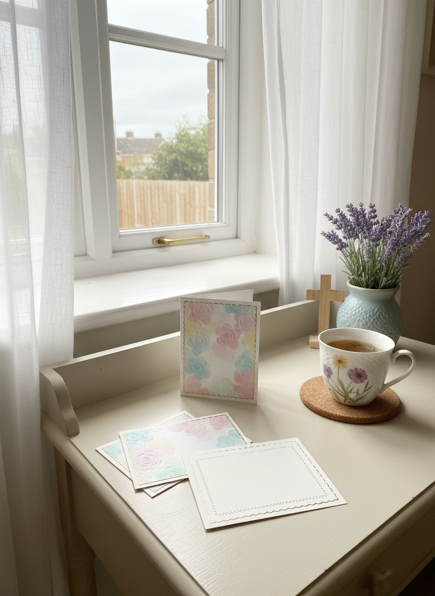 A small writing desk by a sash window in a cosy UK home, holding a neatly stacked pile of handcrafted greeting cards, each with raised textured details and soft pastel watercolour designs. One card is open, revealing a blank interior framed by a subtle border that hints at space for a Bible verse or encouraging words. Beside it, a fine porcelain mug of herbal tea rests on a cork coaster, and a simple wooden cross ornament leans against a ceramic pot of lavender. Overcast daylight filters through sheer curtains, creating diffused, gentle light and delicate shadows. The photographic composition is eye-level, slightly angled, with a calm, reflective mood and a clean, modern yet homely aesthetic.